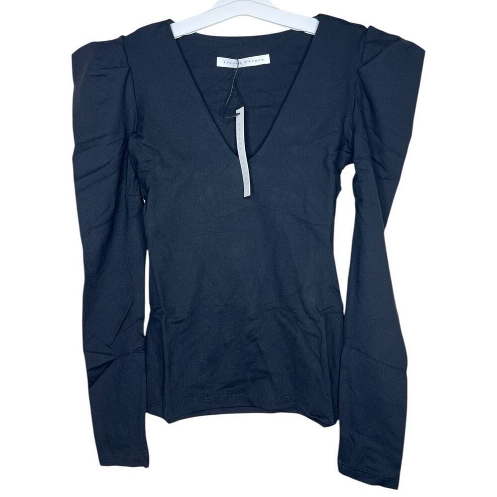 NEW Susana Monaco Pleated V Neck Long Sleeve Top in Black XSmall